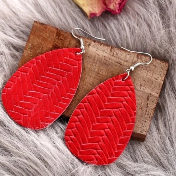 Red Braided Leather Leaf Tribal Drop Earrings - Picture 2 of 5